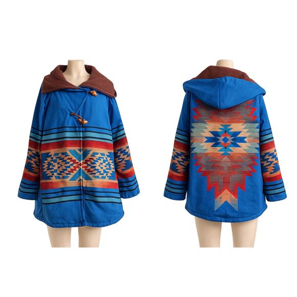Boho chic Southwest Aztec Print Hooded Toggle Coat Oversized festival fashion - Picture 3 of 4